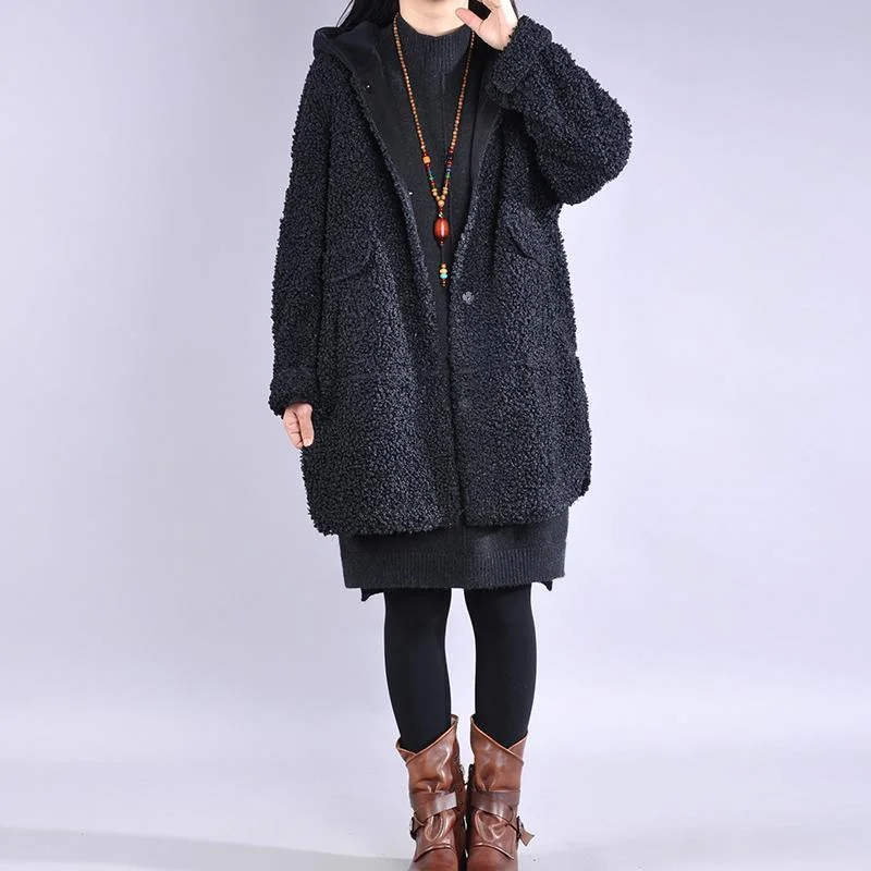 Art hooded Fine wild crane coats black loose outwears