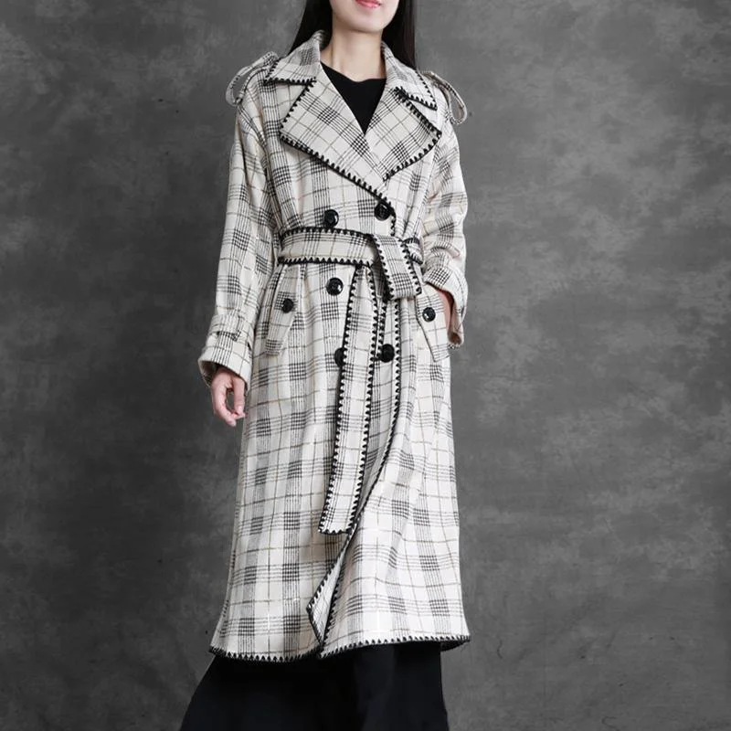 Art Notched Back Side Open Trench Coat White Plaid Outwears