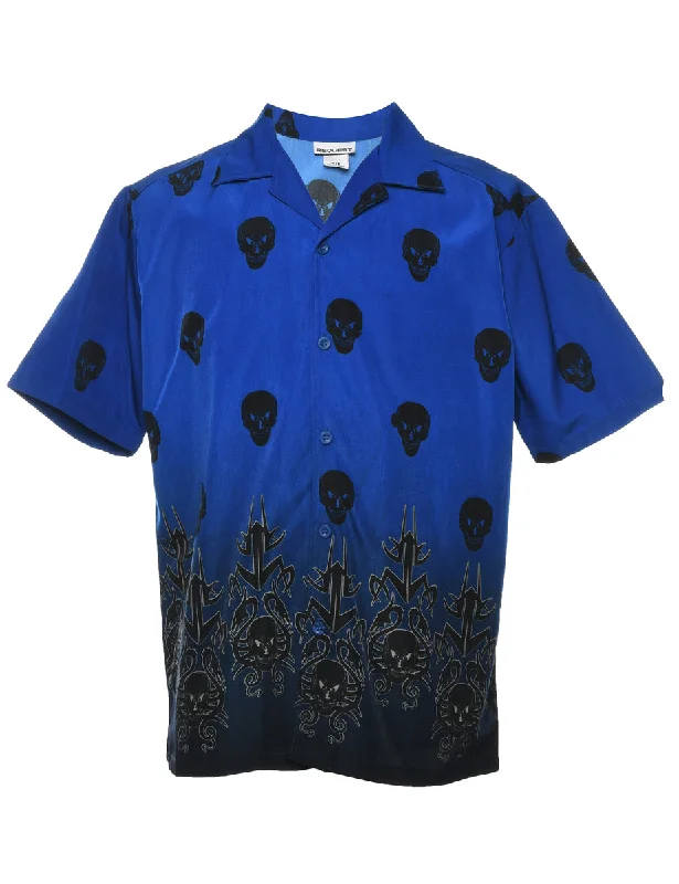 Y2K Short Sleeve Blue & Black Skull Design 1990s Shirt - S