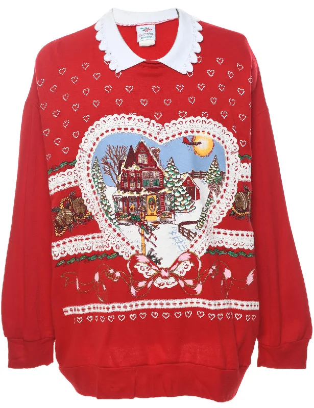 Winter Scene Design Red Printed Christmas Sweatshirt - XXL