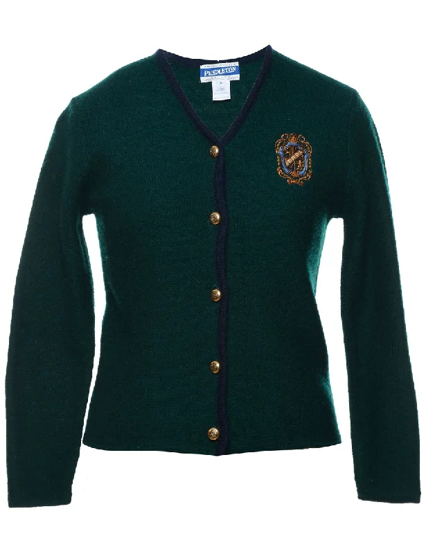 Wool Pendleton Dark Green Button-Front Embroidered Cardigan - M