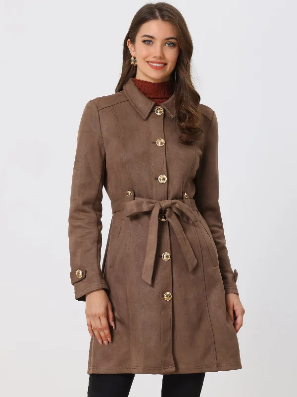 Vintage Faux Suede Mid-Thigh Belted Single Breasted Trench Coat