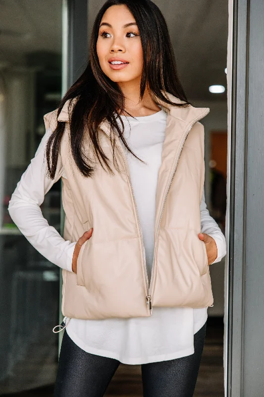 Give The Sass Cream White Faux Leather Puffer Vest