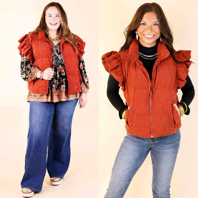 Winter Wanderlust Corduroy Puffer Vest with Ruffle Sleeves in Rust Red