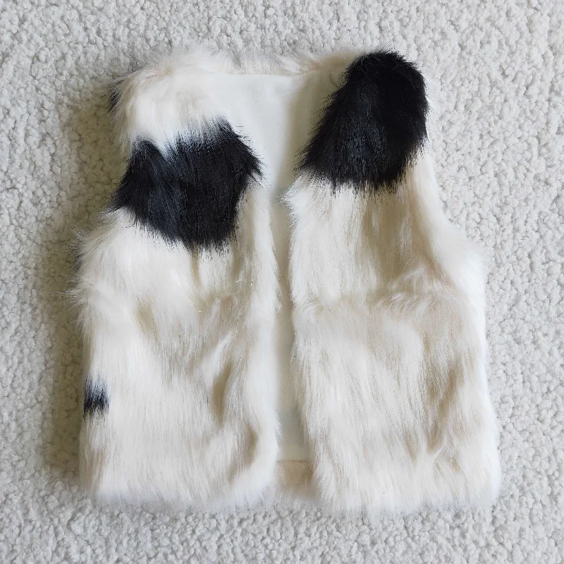 Girl Cow Print White Faux Fur Vest