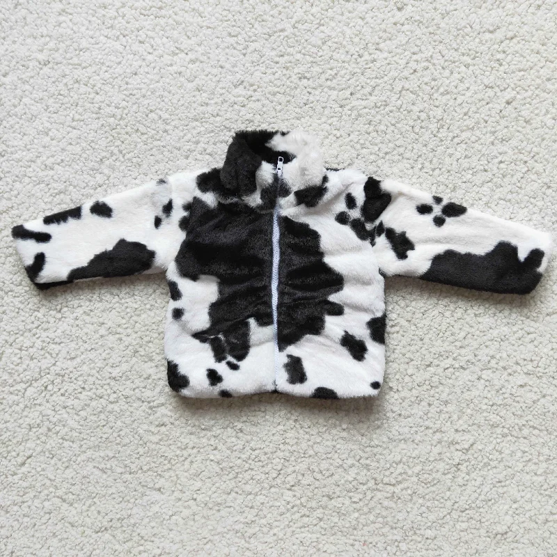 Girl Cow Print Zipper Faux Fur Jacket