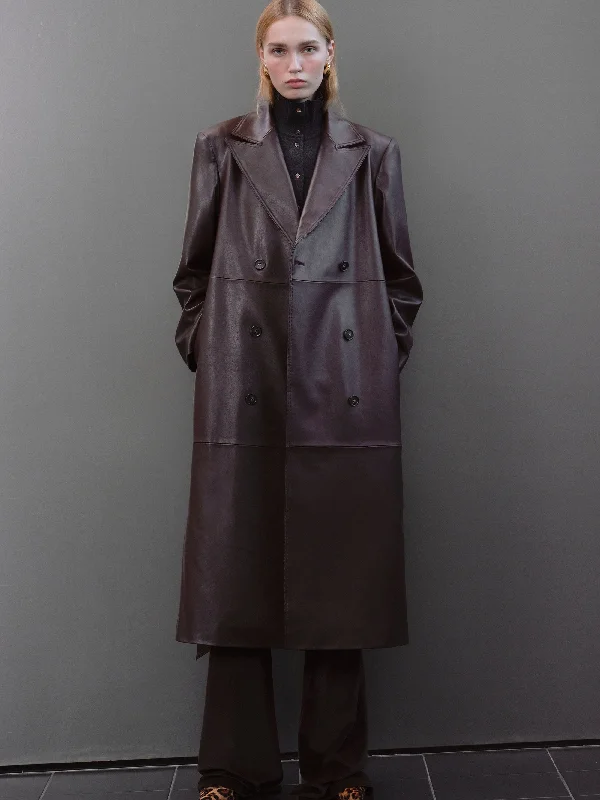 Briella Leather Trench Coat, Aubergine