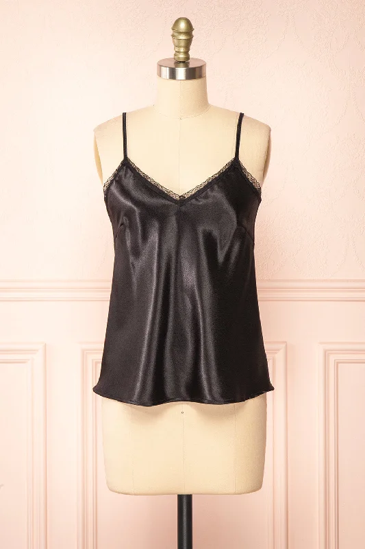 Azula Black | Satin Cami Top w/ Lace Trim