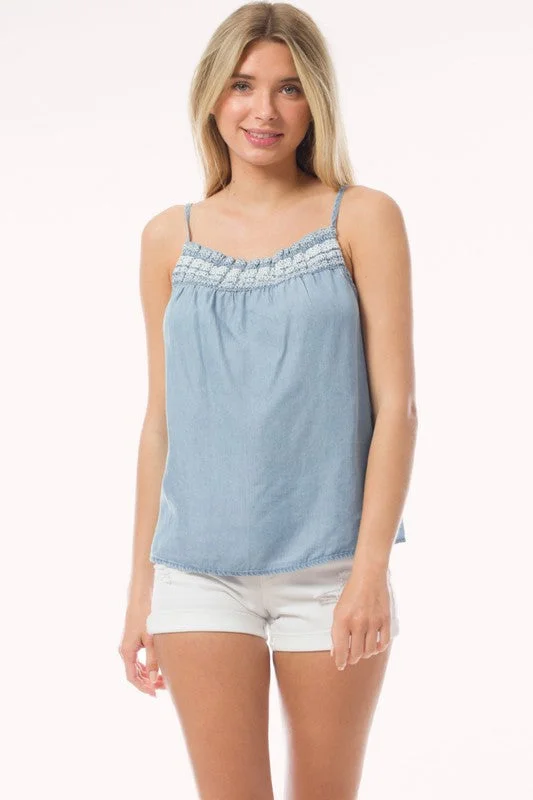 Blue Chambray Embroidery Neck Trim Cami Top