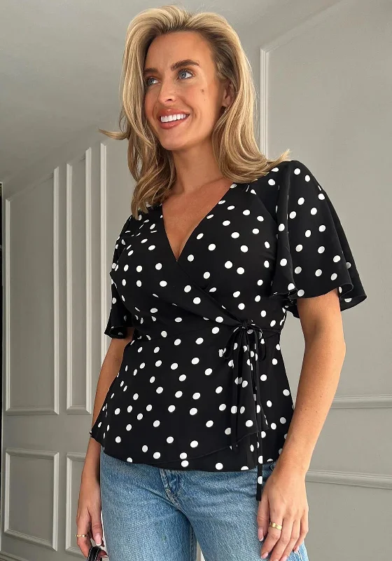 Girl In Mind Camille Polka Dot Wrap Peplum Top, Black & White.