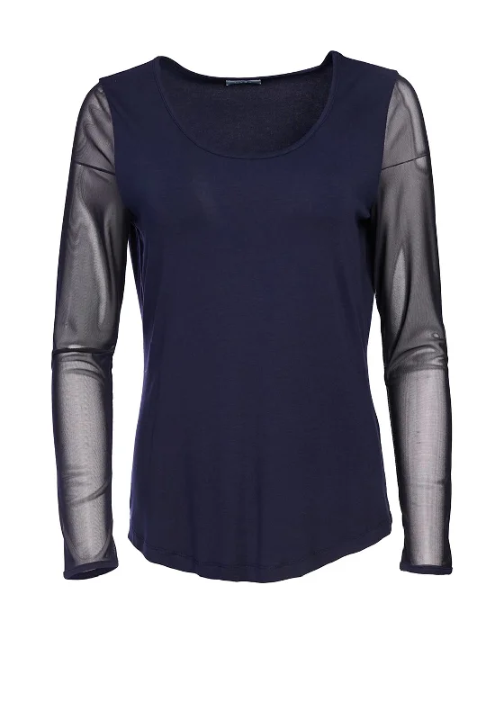 Naya Semi Sheer Mesh Sleeve Top, Navy