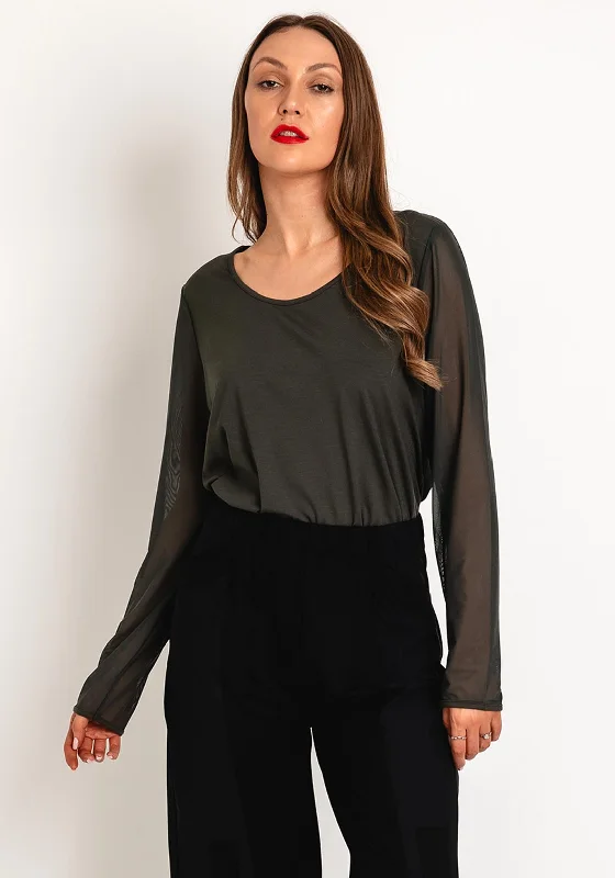 Naya Round Neck Mesh Sleeve Top, Forest Green