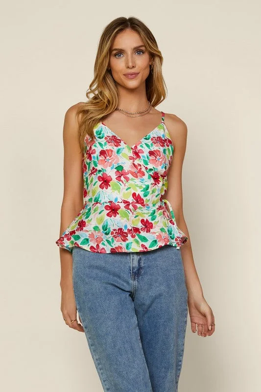 Ivory Sleeveless Floral Print Wrap Cami Tank Top