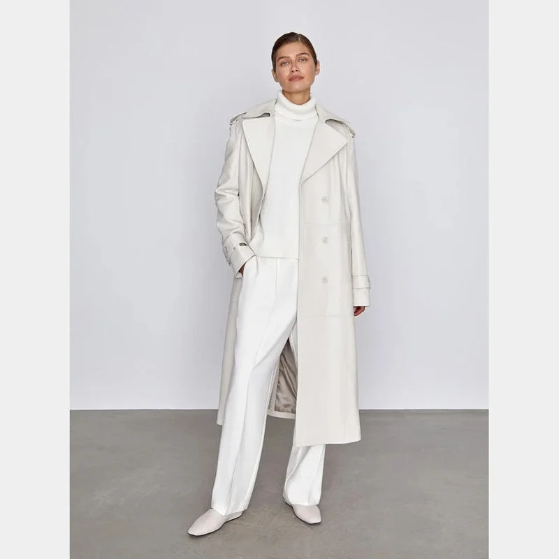 Off-White Leather Long Trench Coat for Women