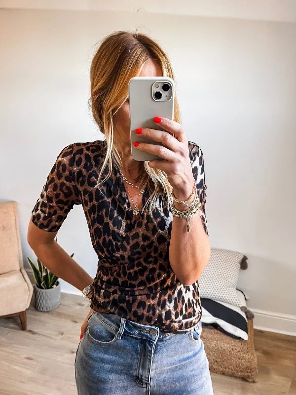 Soaked In Luxury Mesh Leopard Wrap Top PREMIUM BRAND