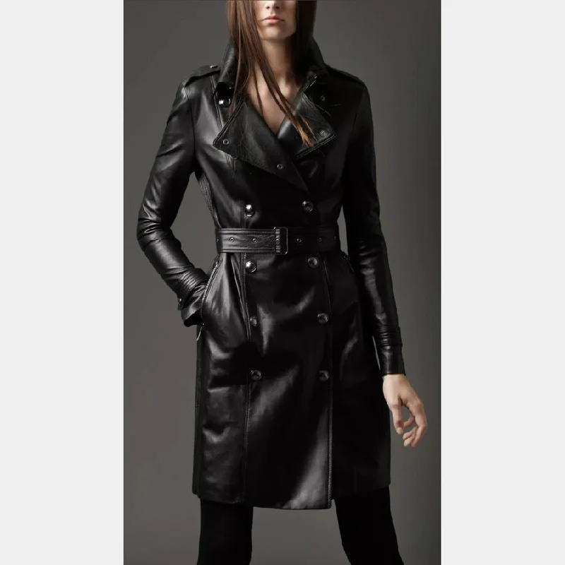 Women's Black Genuine Leather Knee-Length Trench Coat