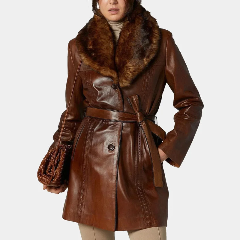 Women's Brown Leather Fur Collar Belted Long Trench Coat