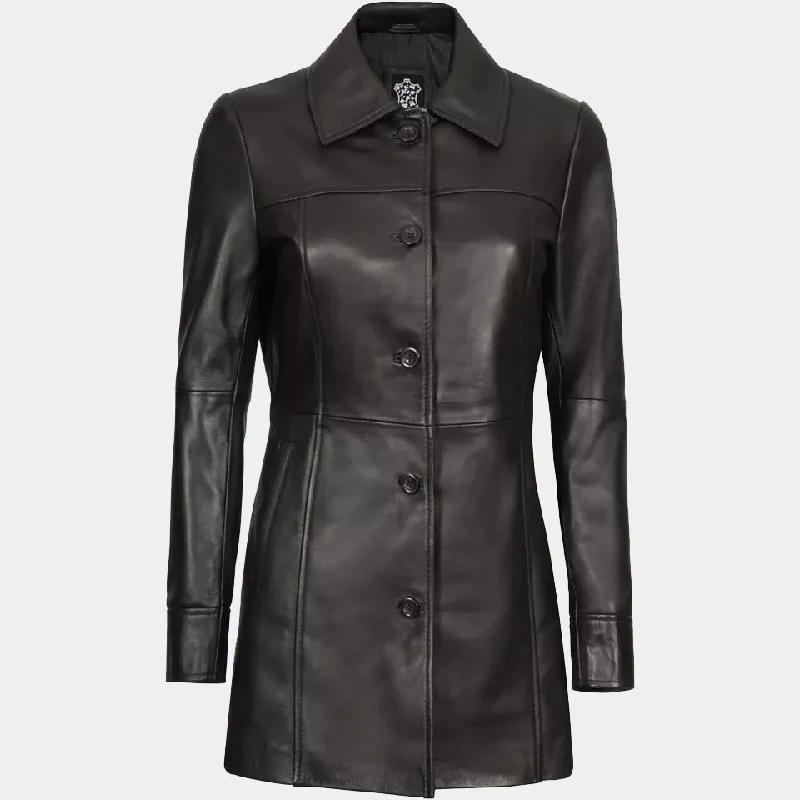 Women's Stylish Lambskin Leather Long Trench Coat