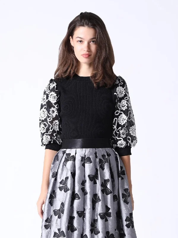 Embroidery Flower Mesh 1/2 Sleeves Knitted Top