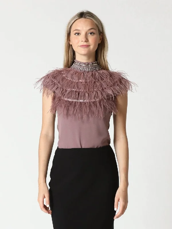 Feather and Neck Bead Cap Sleeve Mesh Top