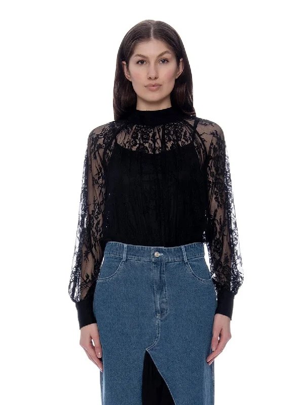 Floral Embroidered Mesh Mock Neck Back-Tie Top