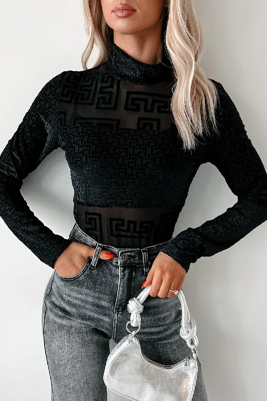 Life's Mysteries Geometric Mesh Long Sleeve Top (Black)