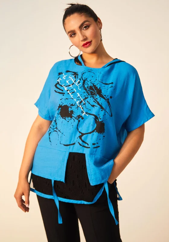 Ora Hooded Mesh Panel Top, Blue Jewel