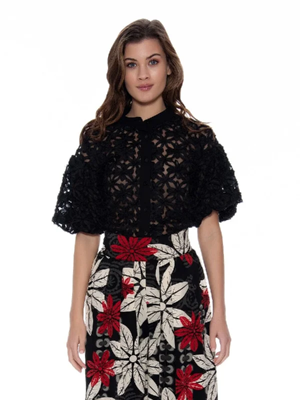 SeeThrough Mesh Flower Pattern Mandarin Collar Top