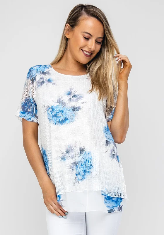 Seventy1 Mesh Overlay Chiffon Trim Top, Blue