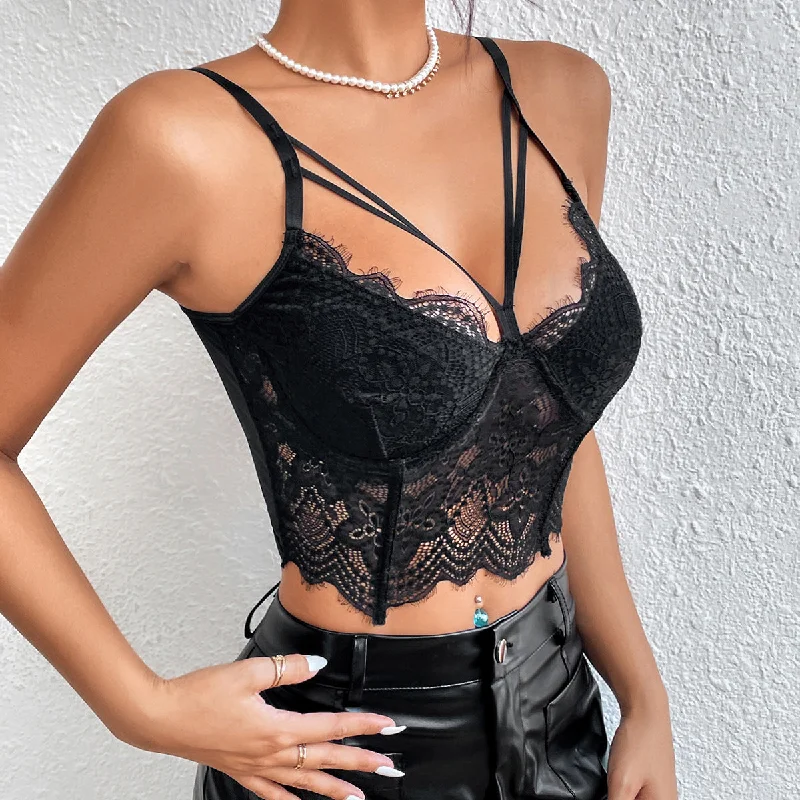 Sexy Hollow Lace Eyelash Steel Ring Camisole Short Vest Wholesale Lingerie