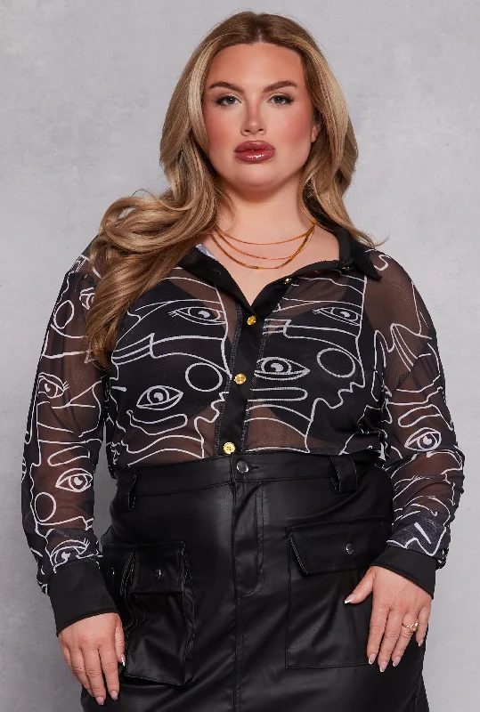 Plus Size Face Print Mesh Button Front Shirt