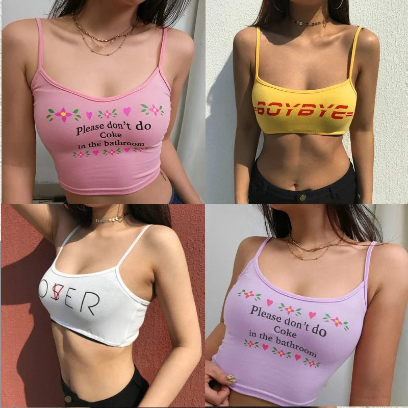 2019 Women Strappy Cotton Letter Print Tank Tops Vest Summer Sexy Short Crop Tops Camis Tees Tops  Ladies