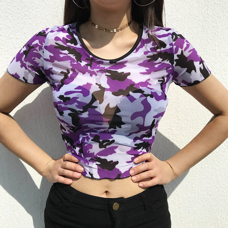 Camouflage Mesh Summer Crop Top Round Neck Short Sleeve T Shirts for Women See Through Female T Shirt Tops Streetwear