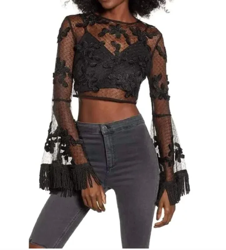 Floral Mesh Crop Top In Black