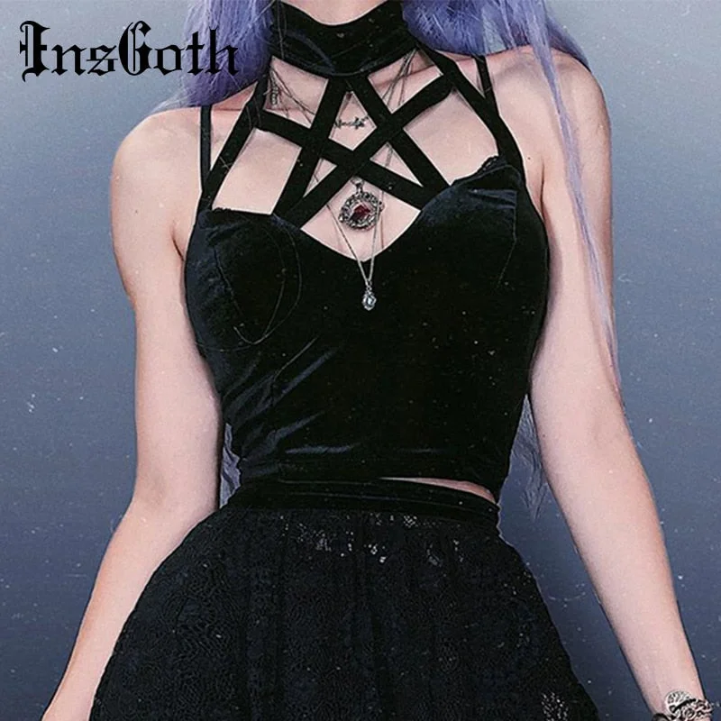 InsGoth Hallow Out Black Camis Women Sexy Tank Tops Gothic Pentagram Bandage Halter Female Backless Bodycon Tank Tops Streetwear