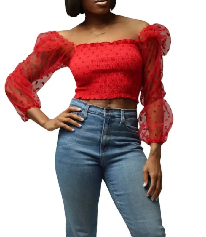 Mesh Polka Dot Top In Red