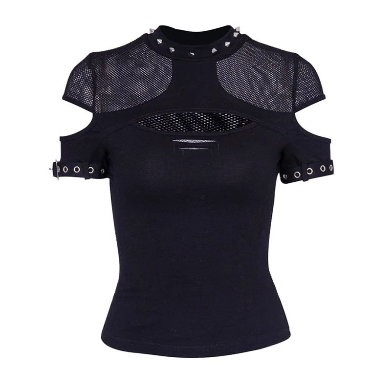 Rosetic Women T shirts Casual Punk Gothic Chic Summer Slim Mesh Hole Rivet Sexy Club Black OL Hip Hop Female Ladies Goth Tops