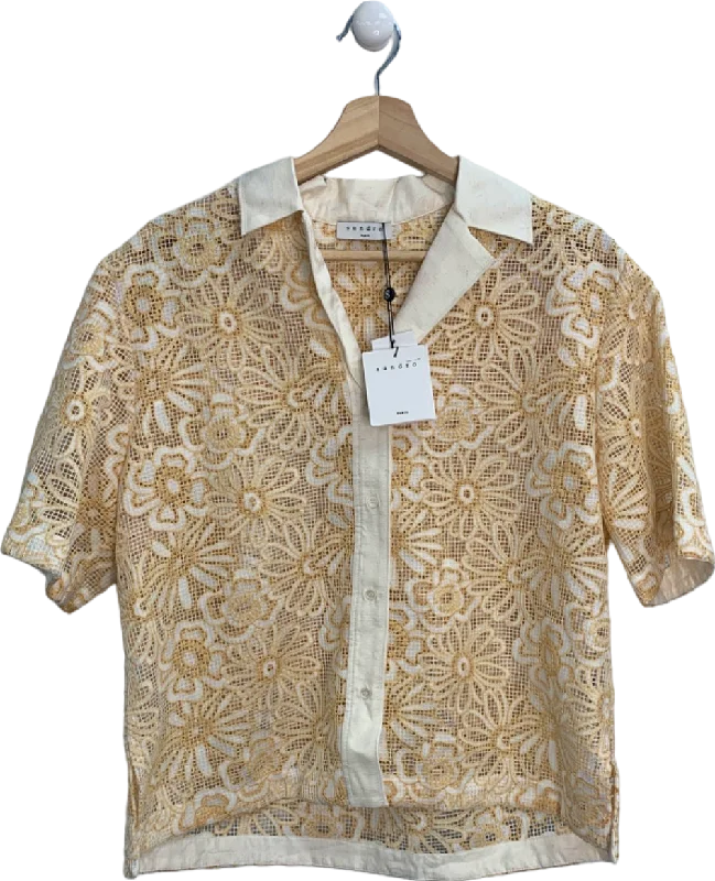 Sandro Daisy Floral Mesh Short Sleeve Shirt In Ecru Yellow SIZE 3 UK 12