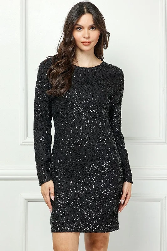 BLACK SEQUIN LONG SLEEVES ZIP CLOSURE MINI DRESS AVD51916W