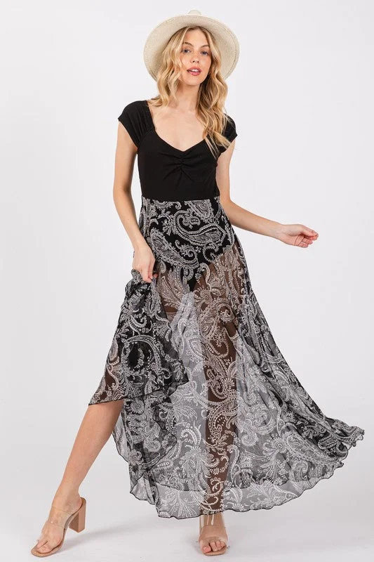 BLACK PAISLEY MESH SKIRT SEE-THROUGH BODYSUIT CFBY61112PA