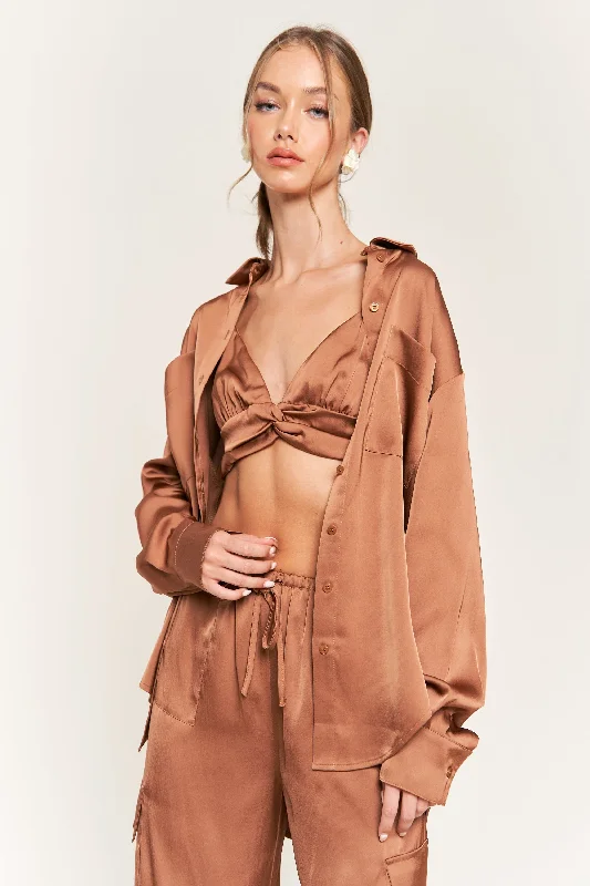 COFFEE BROWN COLLARED BLOUSE AND CROP TOP ST10019