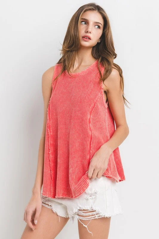 CORAL MINERAL WASHED WAFFLE KNIT SLEEVELESS TANK TOP TEU13765SA