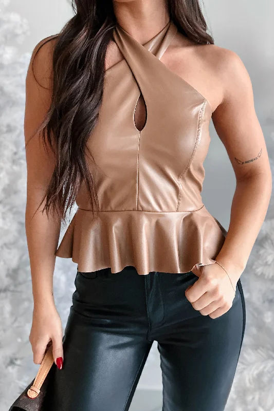 Dangerous Temptation Faux Leather Halter Top (Brown)