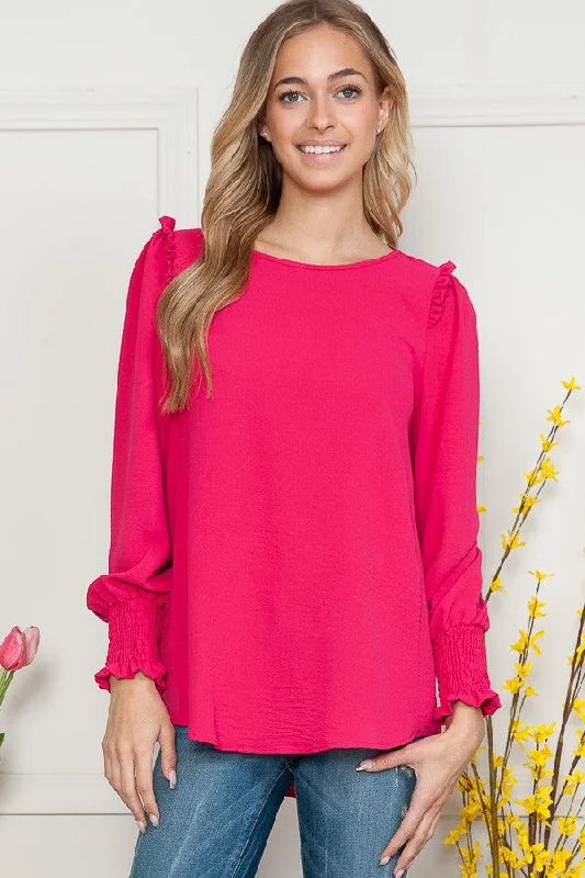 FUCHSIA RUFFLED LONG SLEEVES WOVEN TOP RJW4267-W29