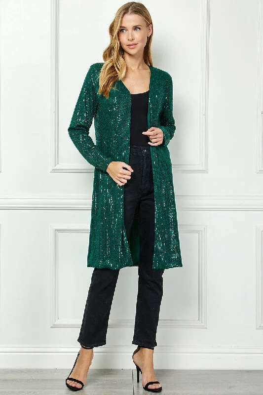 HUNTER GREEN SEQUIN OPEN FRONT LONG SLEEVES CARDIGAN AVC51913W