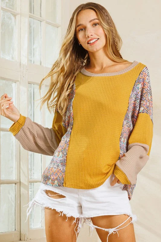 MUSTARD WAFFLE KNIT COLOR BLOCK CREW NECK TOP CFTC12469PA