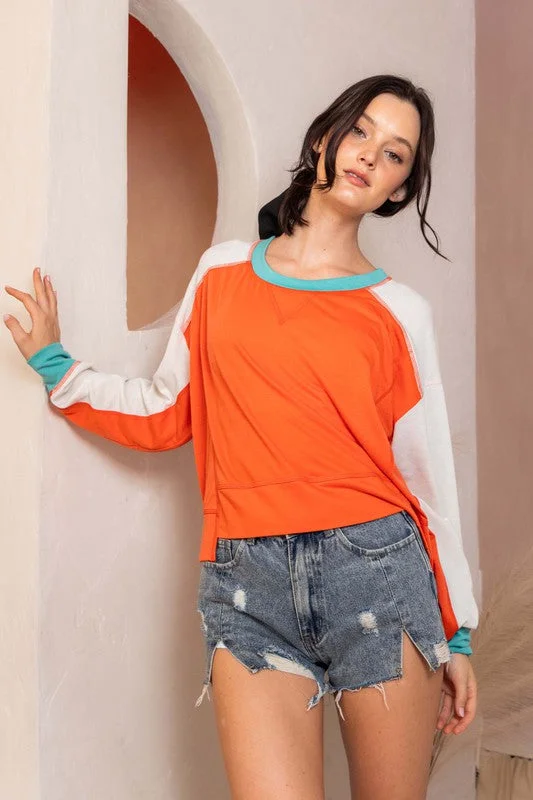 ORANGE MULTI TERRY COLOR DETAILED LONG SLEEVES KNIT TOP CFTC13256SA