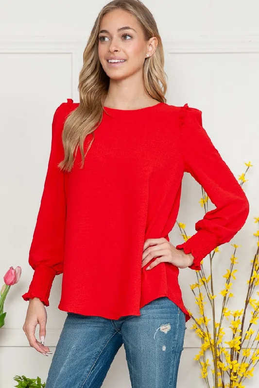 RED RUFFLED LONG SLEEVES WOVEN TOP RJW4267-W29