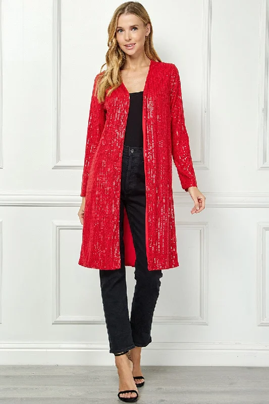 RED SEQUIN OPEN FRONT LONG SLEEVES CARDIGAN AVC51913W