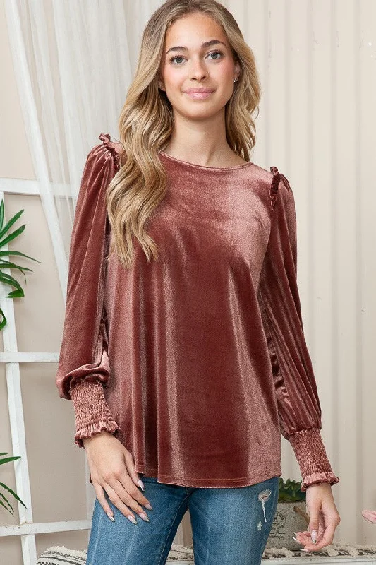 RUST VELVET RUFFLED LONG SLEEVES TOP RJT4208-V1